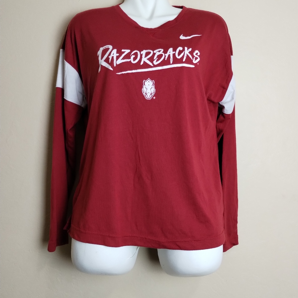 5/$30 Nike razorbacks long slevee athletic red/white‎ women shirt size Large
